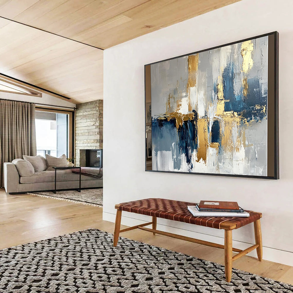 “Abstract Gold - Blue - Gray Cityscape” - Gold, Blue, Gray, White, Urban Shapes Painting On Canvas HB0818