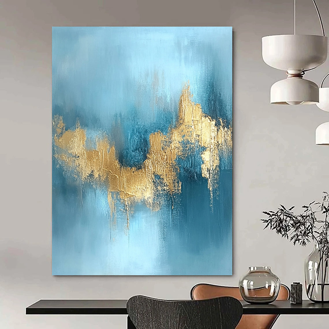 Contemporary hand-painted abstract art featuring a serene water and sky blue backdrop adorned with stunning gold foil textures. DLZ0723