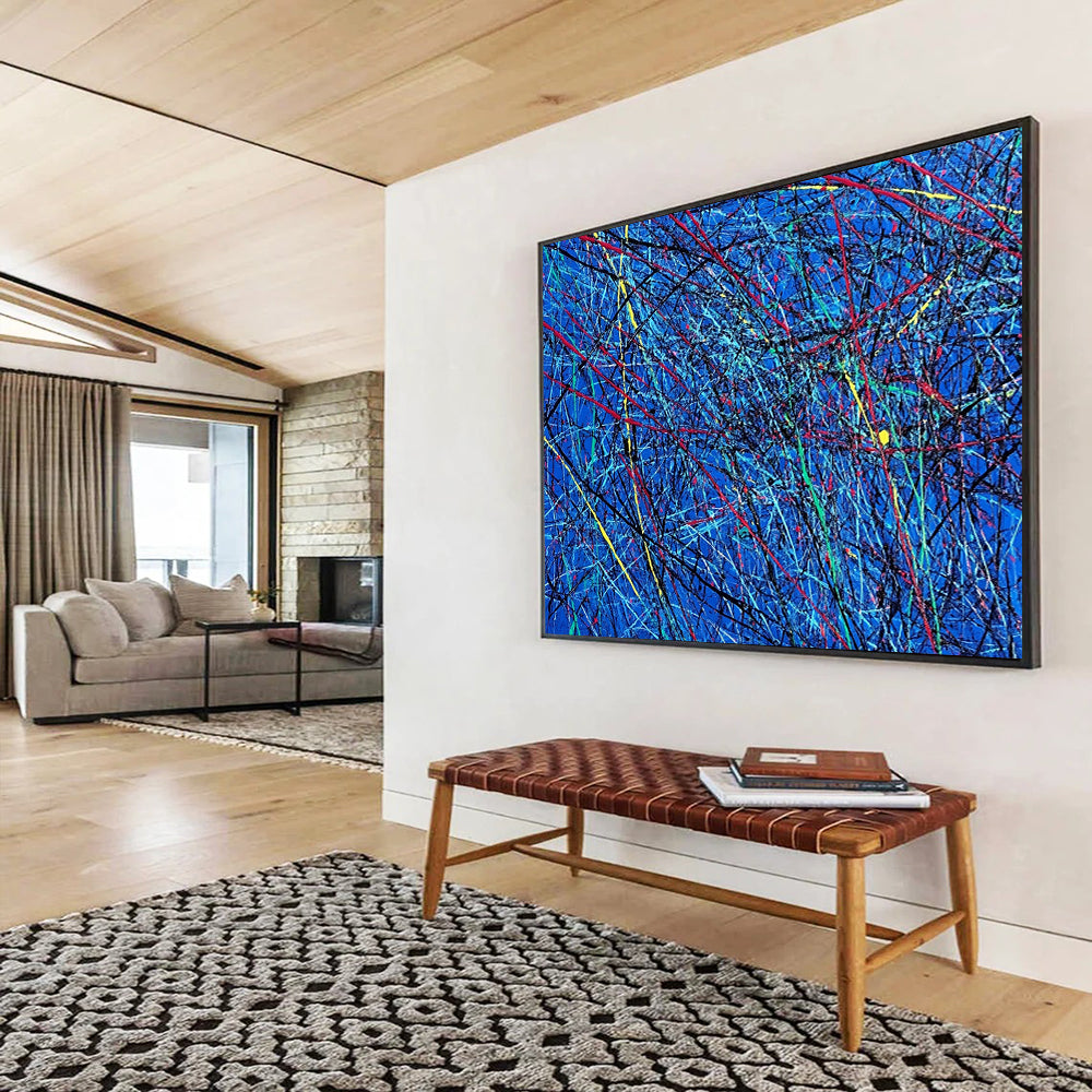 “Blue Abstract with Colorful Tangled Lines” - Blue, Red, Yellow, Green, Tangled Lines Painting On Canvas HB0829