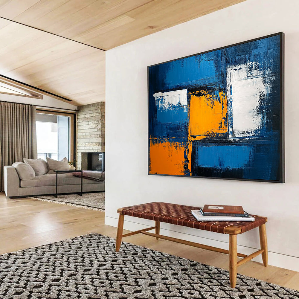 “Vibrant Blue with Orange and White Geometric Accents” - Blue, orange, white; Abstract geometric blocks on a blue background; Acrylic Painting On Canvas HB1230