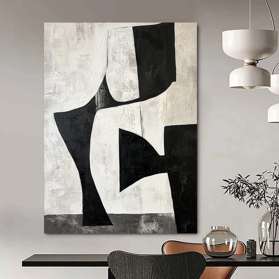 Contemporary hand-painted abstract artwork featuring black and white shapes creating negative space resembling legs against a gray-toned background. DLZ1392