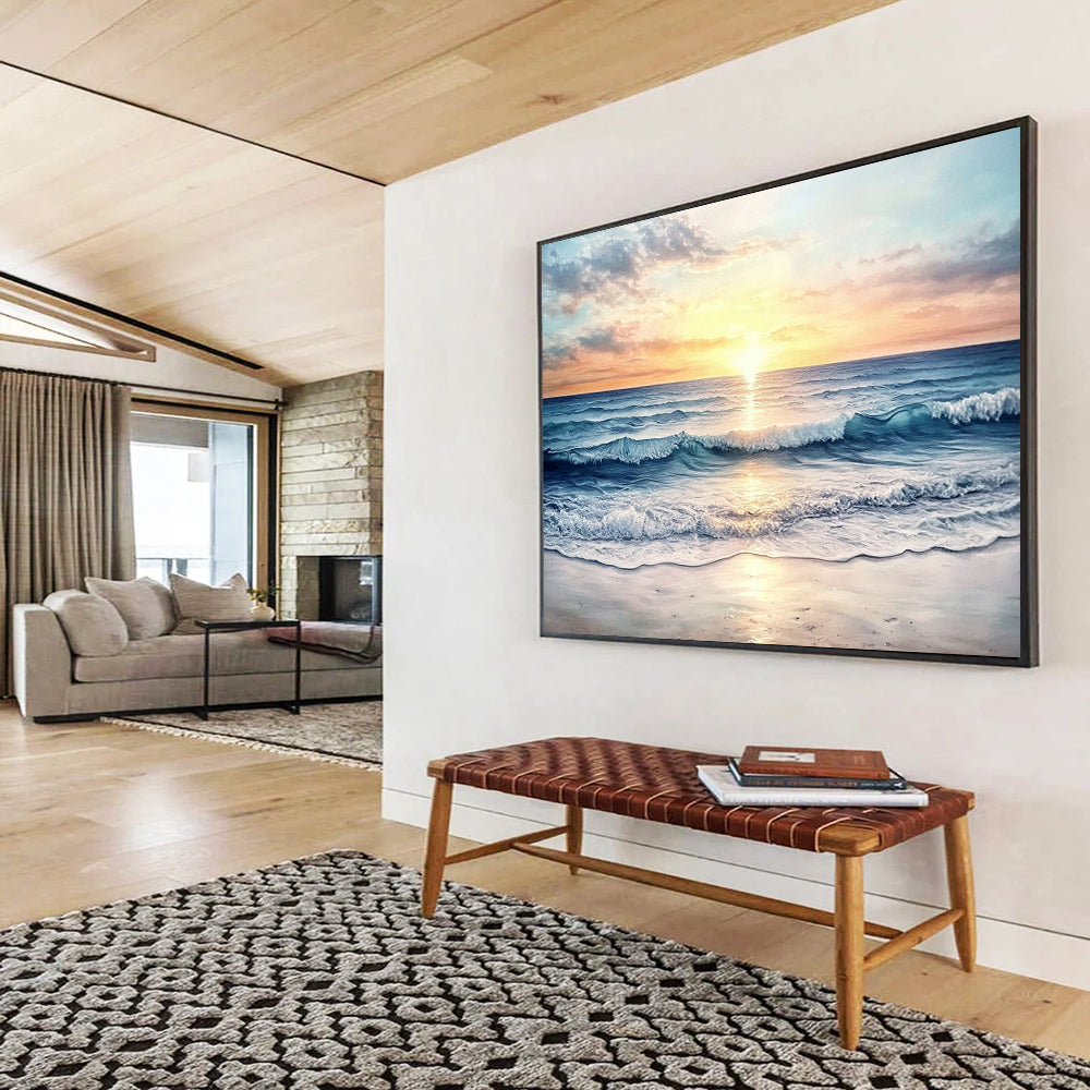 “Sunset Ocean Waves” - Orange, Pink, Blue, Realistic Seaside Oil On Canvas HB0700