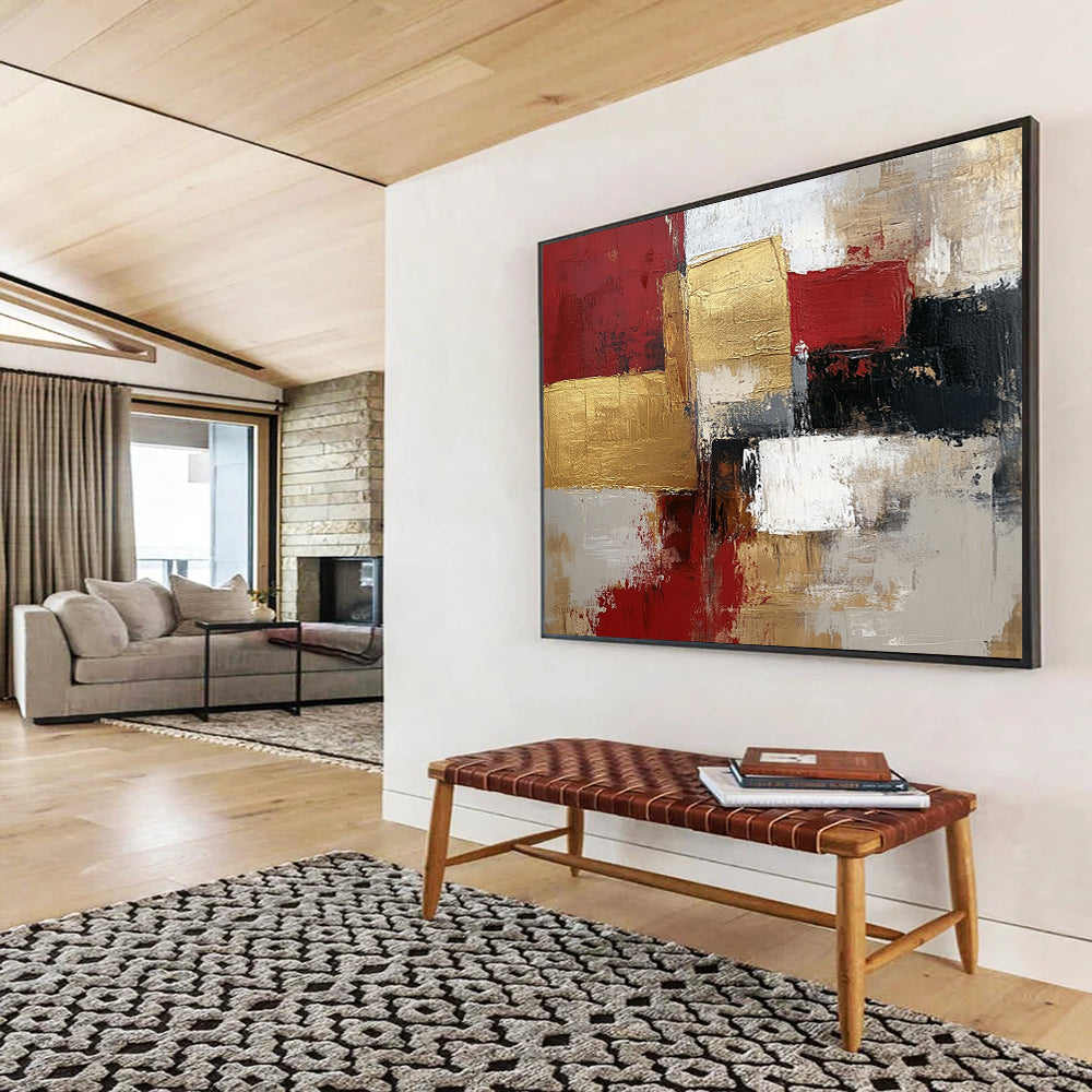 “Gilded Geometry” - Red, Gold, Gray, Textured Squares - Modernist Acrylic Painting with Gold Accents HB1541