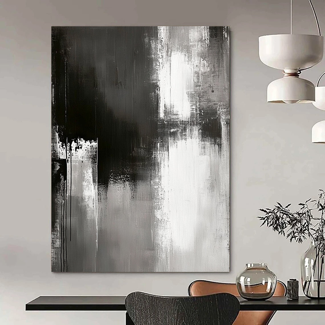 Contemporary abstract painting with grungy grey textures muted colors and simple brush strokes on a textured canvas for modern art lovers. DLZ0304