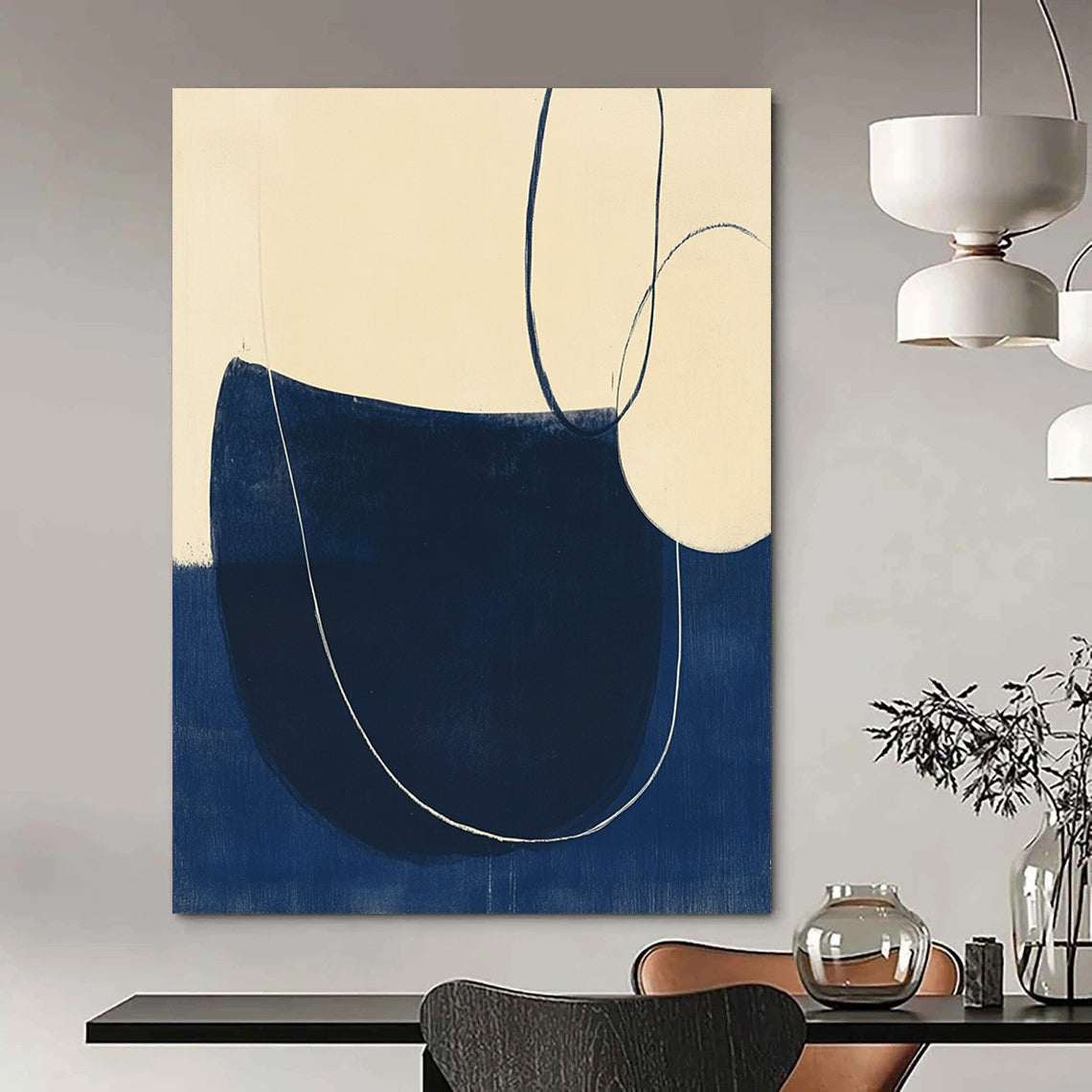 Contemporary hand-painted abstract artwork featuring minimalist line drawings, elegant curves, and a navy blue and cream palette in woodblock print style. DLZ1633
