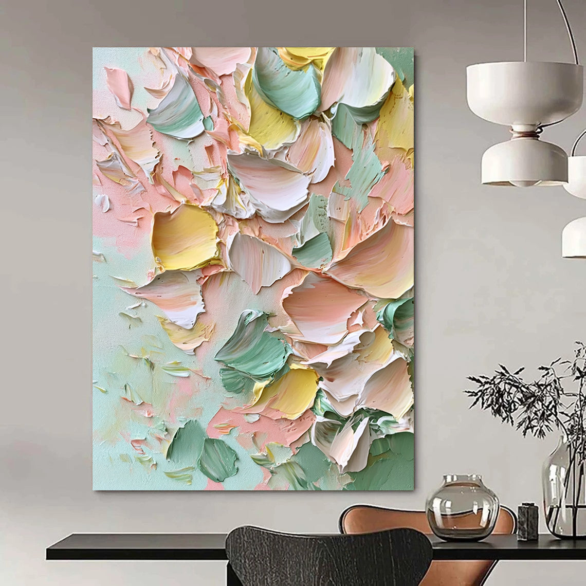 Contemporary large hand-painted abstract artwork featuring thick impasto strokes of soft pinks greens yellows and whites creating dreamy floral textures. DLZ1225