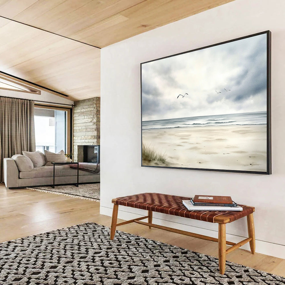 “Seagulls Over Calm Beach” - Gray, White, Serene Seaside Watercolor On Canvas HB0697