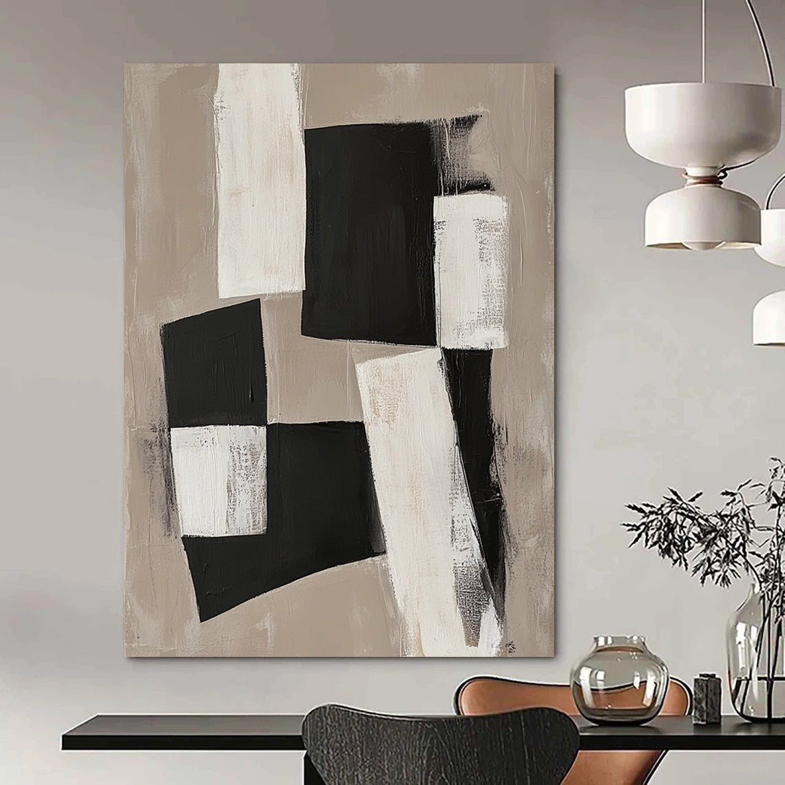 Large contemporary abstract painting featuring black and white organic blocks on a beige background connected by delicate lines for a unified minimalist design. DLZ1026