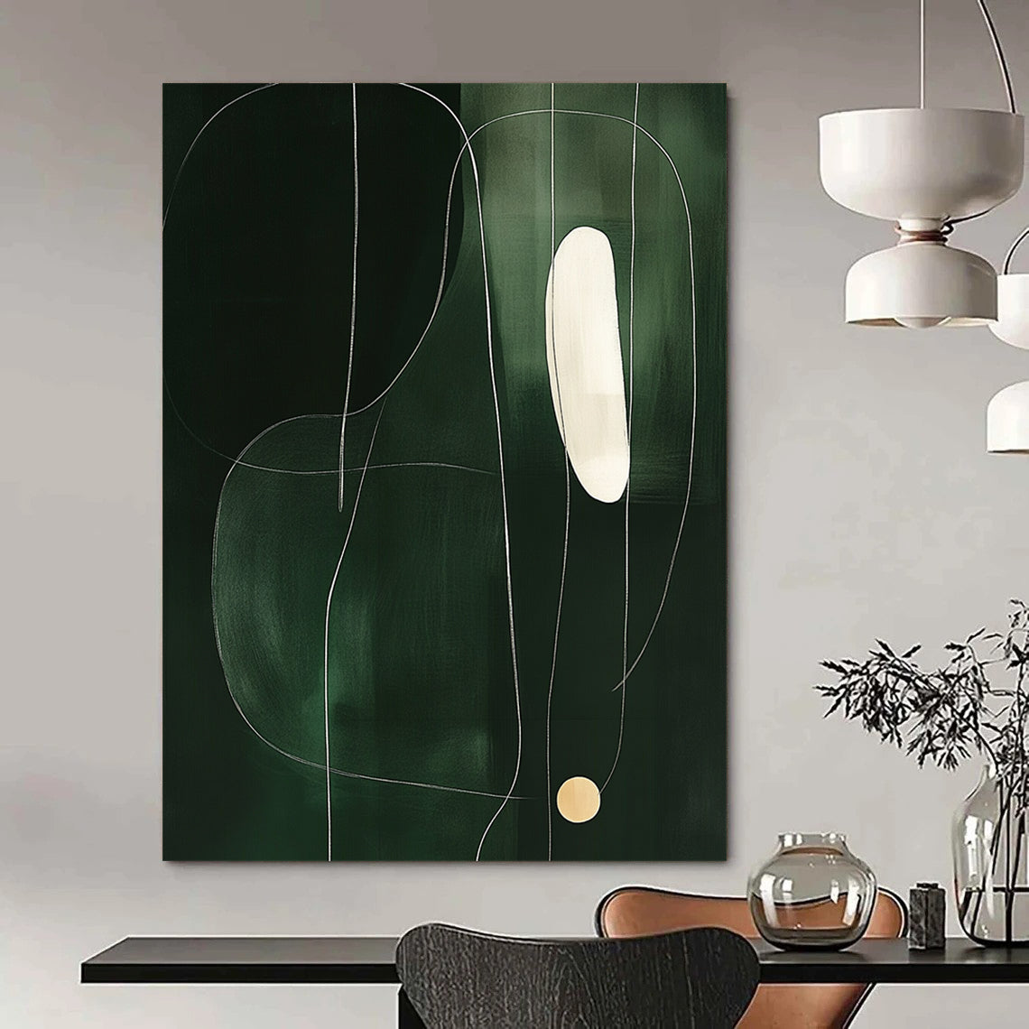 Contemporary abstract art featuring minimalist shapes on dark green, accented by a thin white line and a single light yellow circle. DLZ1606