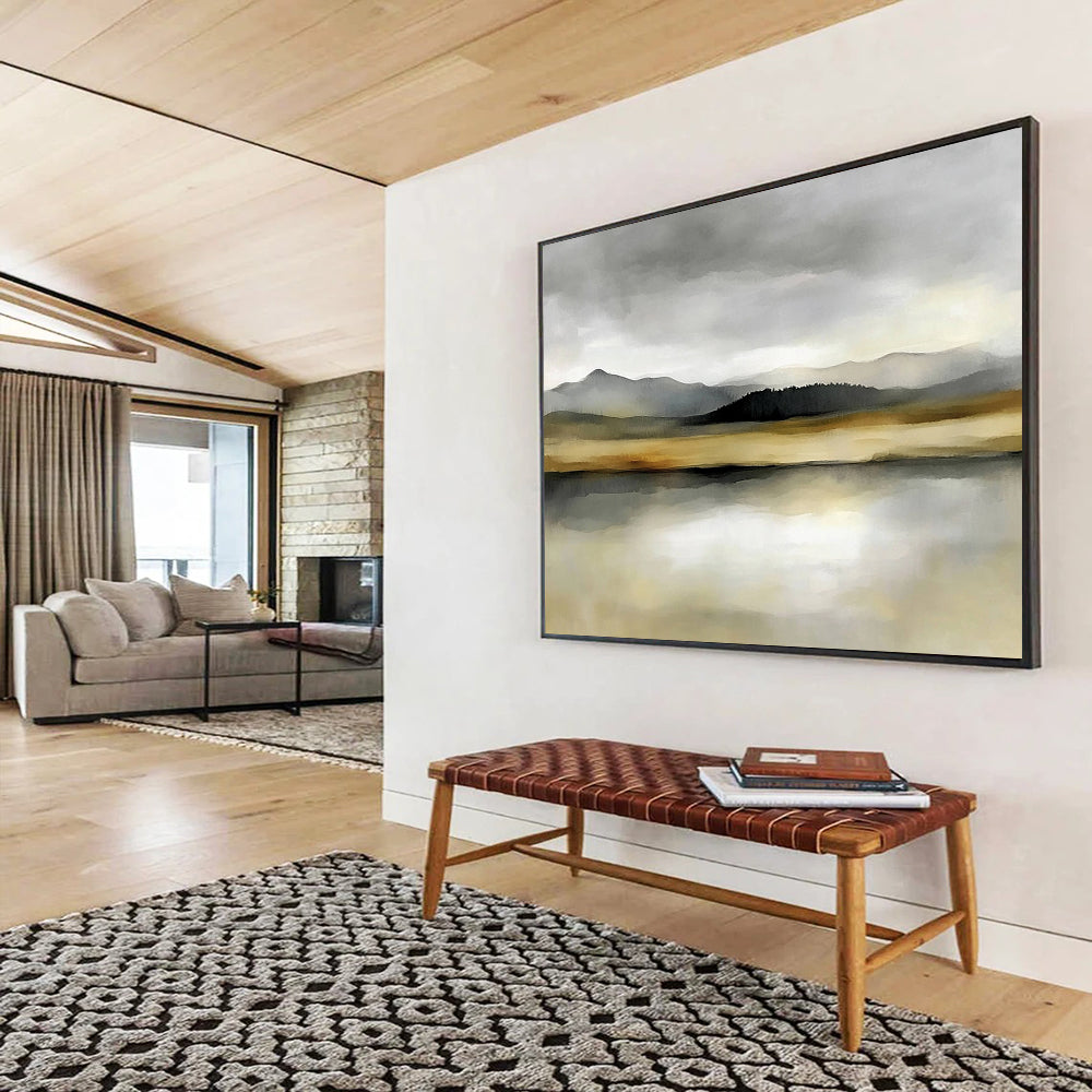 “Misty Mountain Lake” - Gray, Beige, Green, Layered Mountains and Reflective Lake Painting On Canvas HB0916