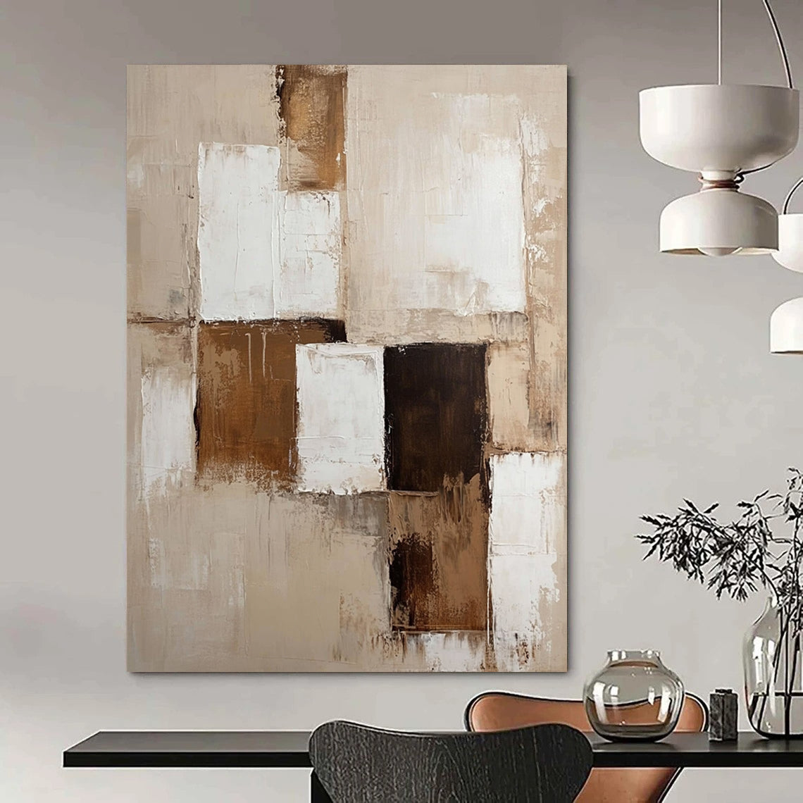 Contemporary abstract painting with beige and white tones and brown accents on textured canvas creates a perfect neutral wall accent. DLZ0289