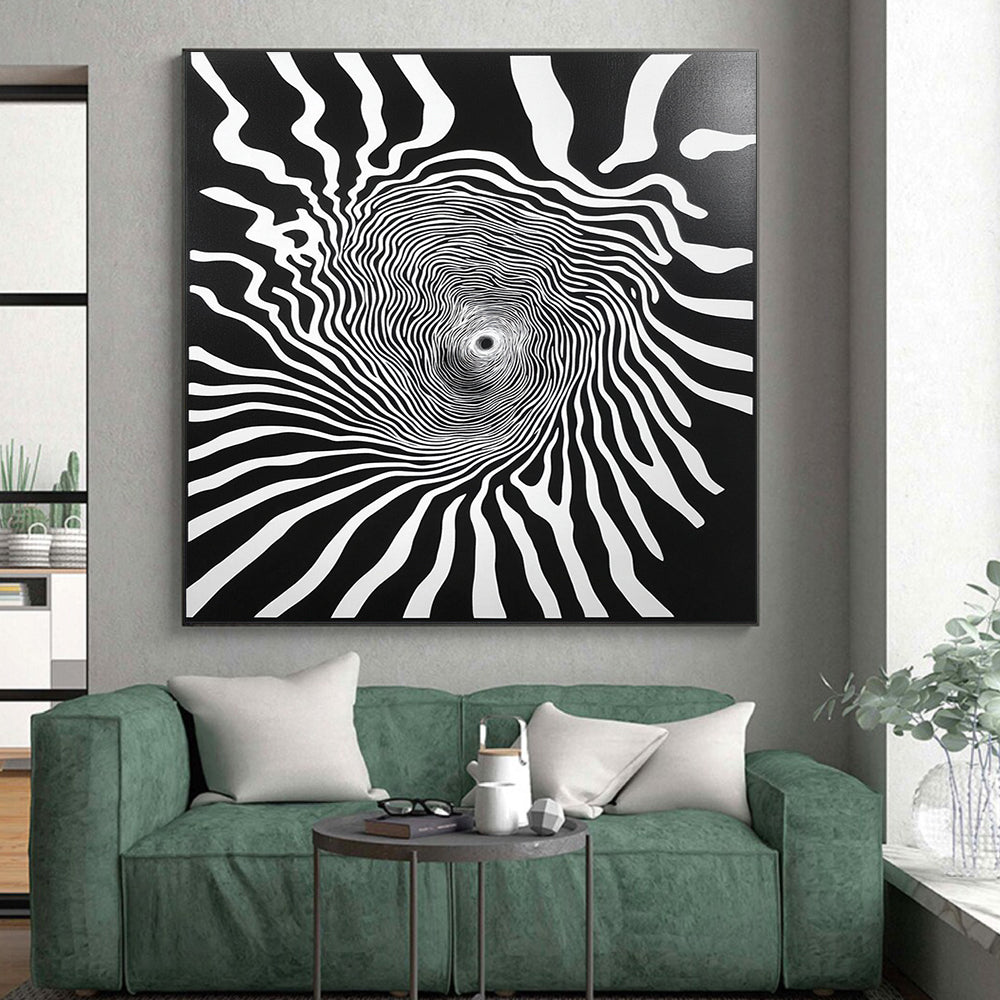 Black and White Spiral Lines "Infinite Spin" Painting On Canvas HB269