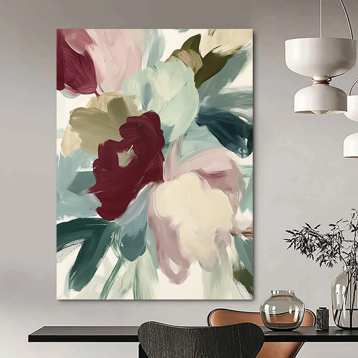 Contemporary abstract painting featuring loose brush strokes and muted colors depicting close-up flowers in reds and greens on a white background. DLZ0382