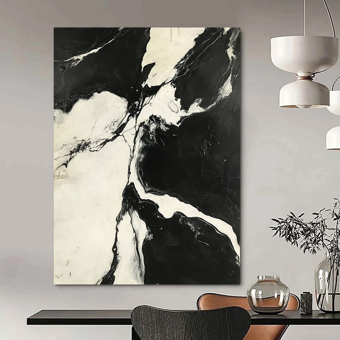 Contemporary hand-painted abstract art showcasing a striking black-and-white aerial view of high-contrast marble patterns. DLZ1138