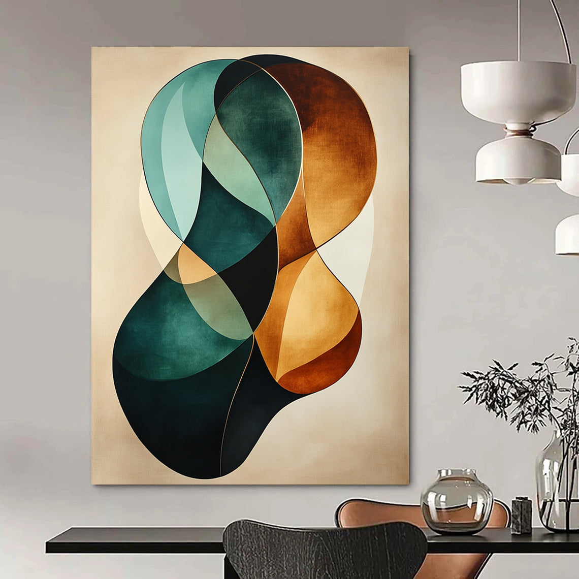 Abstract artwork features graceful teal and brown curves on a beige background with a gold border and a soft canvas texture. DLZ0737