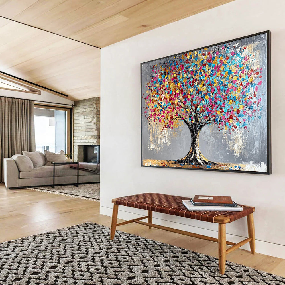 “Rainbow Leaf Tree” - Gray background, vibrant leaves, textured trunk, Abstract Tree Painting On Canvas HB0591