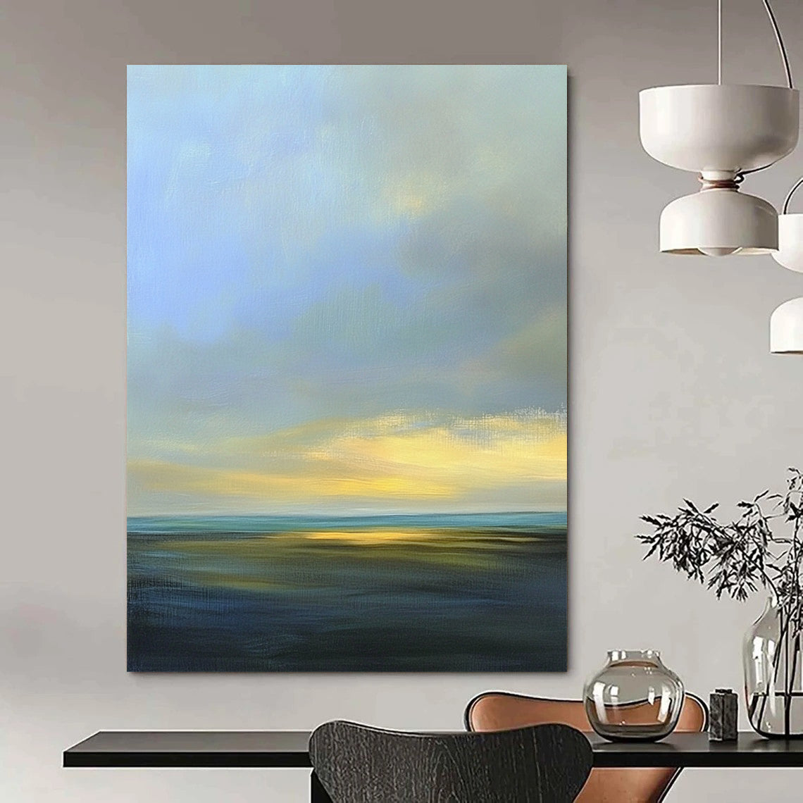 Contemporary abstract artwork featuring a serene sky with soft blues and grays, accented by light yellow highlights and distant clouds. DLZ0492