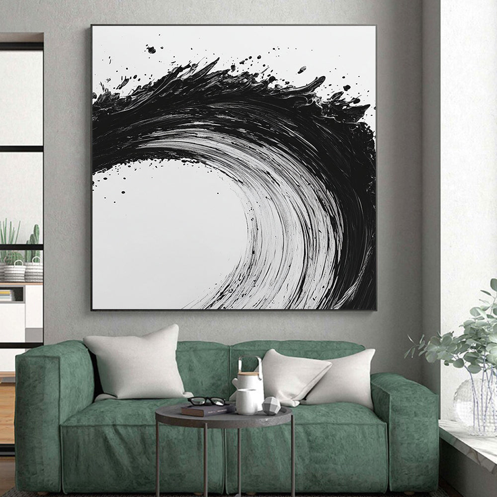 Black and White Dynamic Wave "Energetic Surge" Painting On Canvas HB282