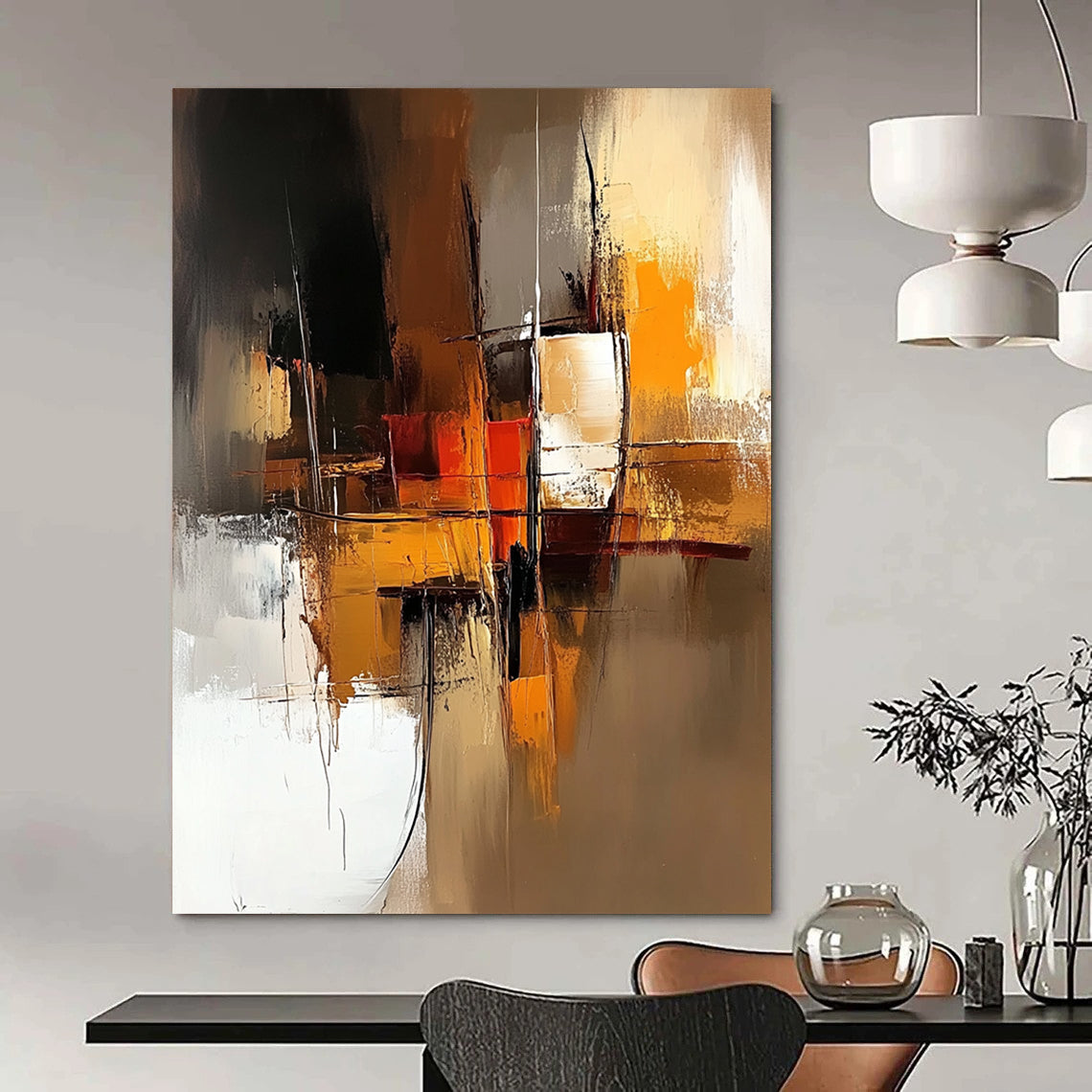 Contemporary abstract art features a warm brown and amber palette with smooth brush strokes and a minimalistic composition highlighted by a dynamic golden ratio design. DLZ0954