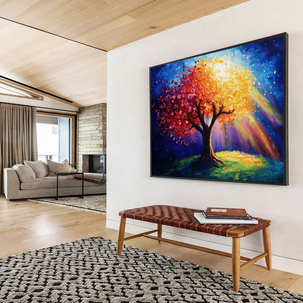 “Magical Tree with Colorful Blossoms and Light” - Blue, Red, Orange, Yellow, Magical Tree Scene - Fantasy Acrylic Painting HB1639
