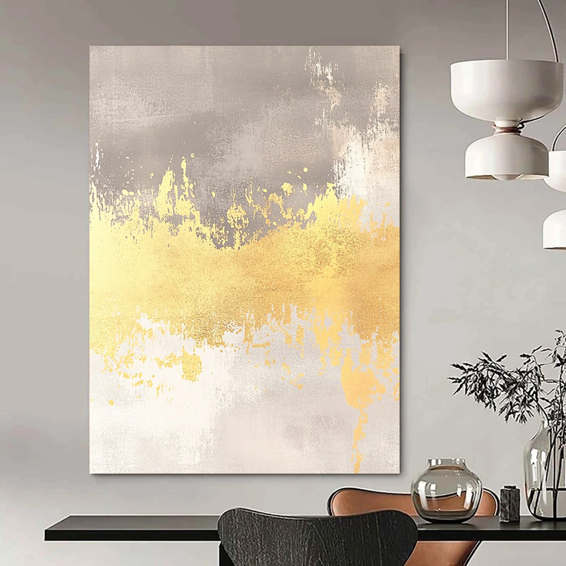 Ethereal contemporary abstract artwork features a soft gray background with yellow accents and gold foil, perfect for a dreamy wedding card backdrop. DLZ1471