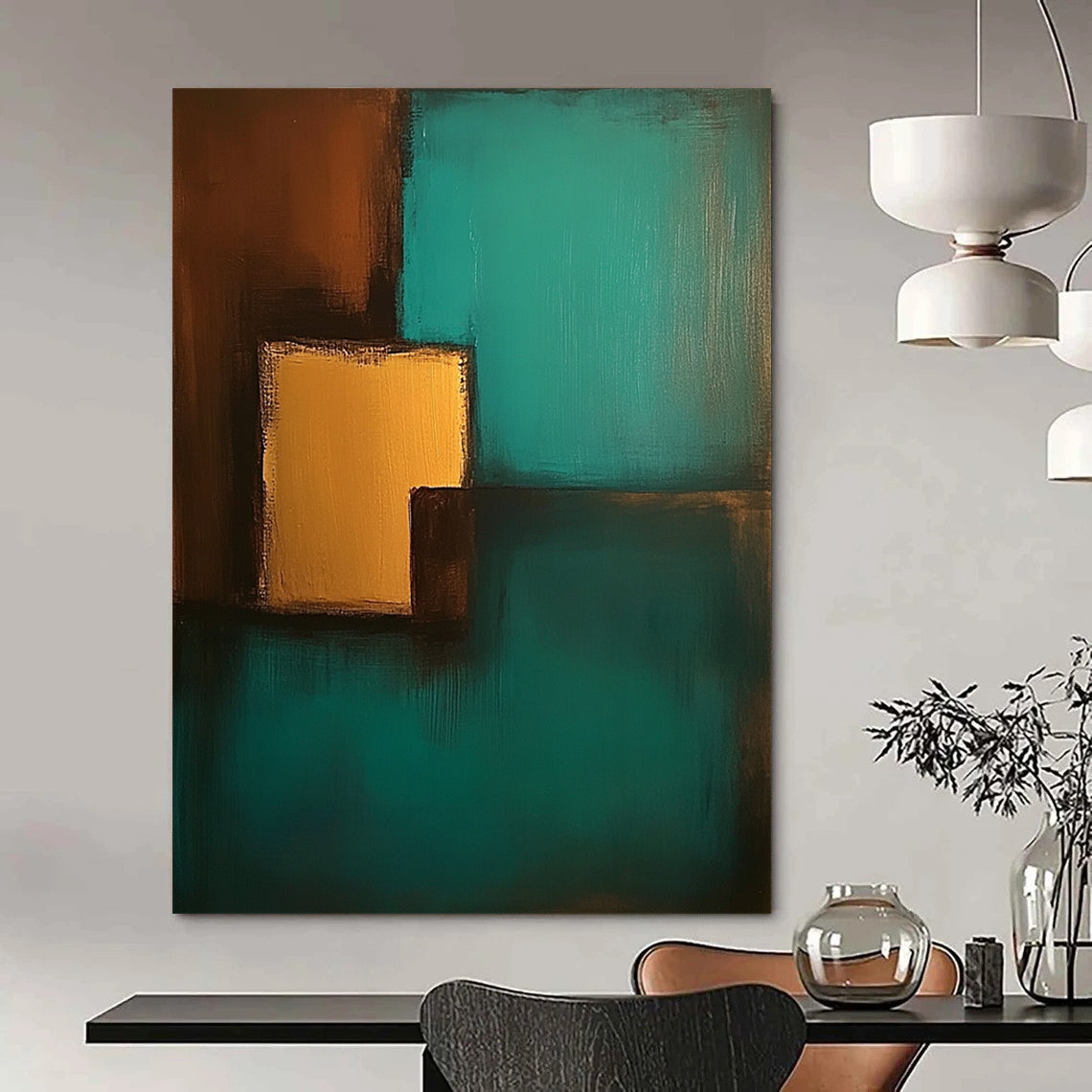 Contemporary hand-painted abstract art featuring teal and brown colors with simple shapes and low contrast for a soothing aesthetic. DLZ1065