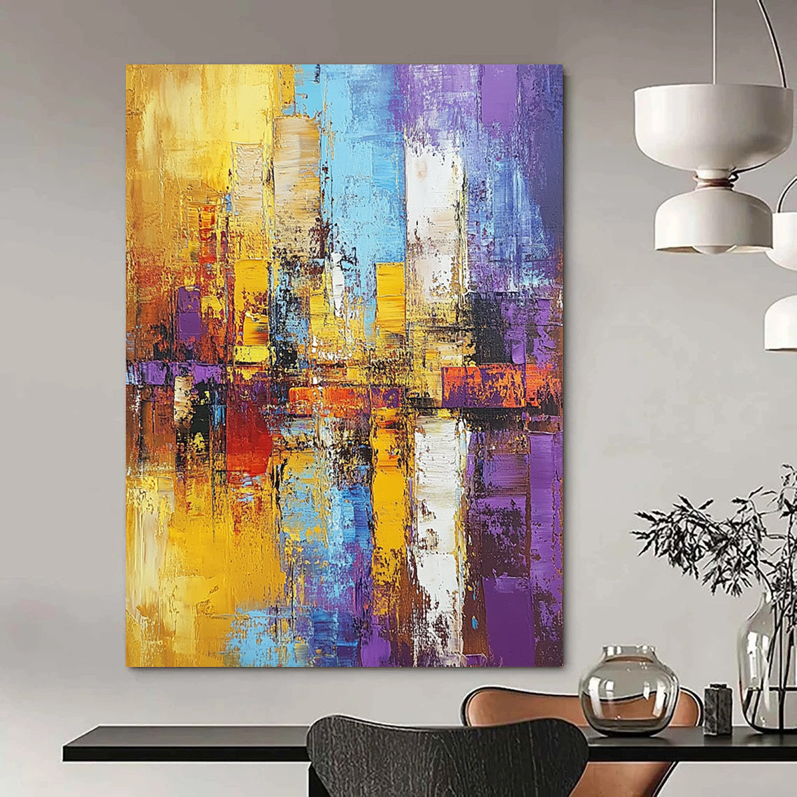 Contemporary hand-painted abstract art featuring a textured cityscape in gold and purple, showcasing expressive brushstrokes in a striking composition. DLZ0467