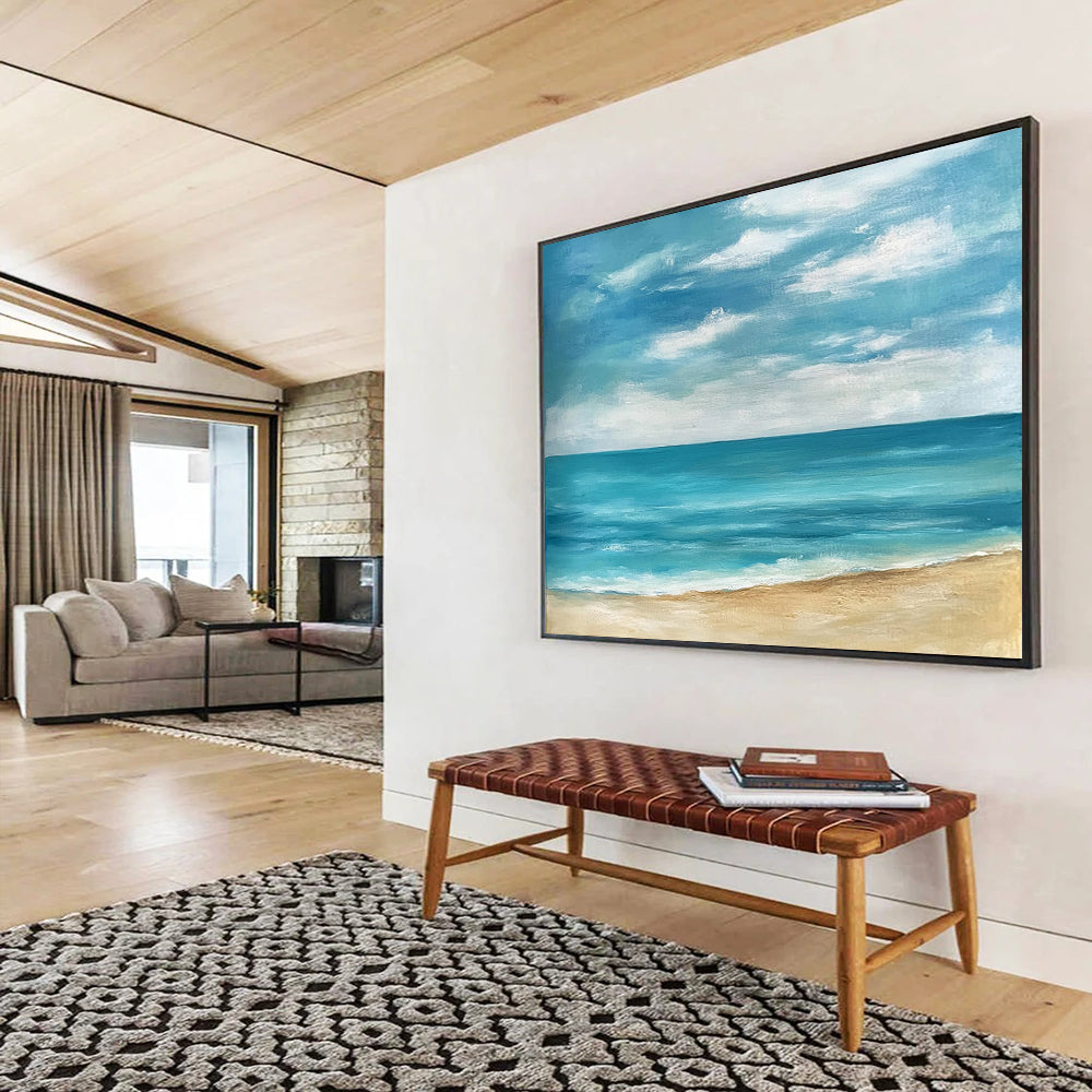 “Simple Coastal View” - Blues, Whites, Browns, Minimalist Beach - Acrylic Painting HB1602