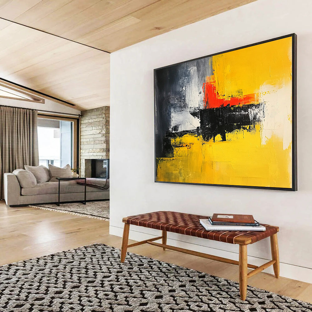 “Yellow Red Black Abstract” - Yellow, Red, Black, White, Gray, Textured Brushstrokes - Painting On Canvas HB1442