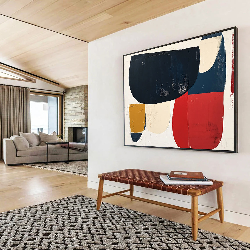 “Colorful Geometric Shapes” - Navy, red, beige, mustard, Modern Abstract Painting On Canvas HB0615