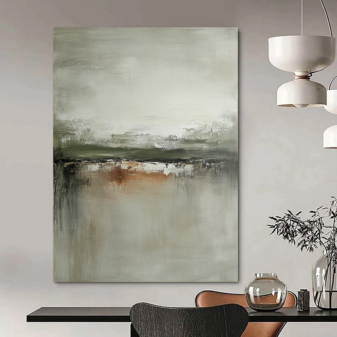 Large contemporary hand-painted abstract art featuring neutral tones grays and sage green with distressed edges on canvas. DLZ0439
