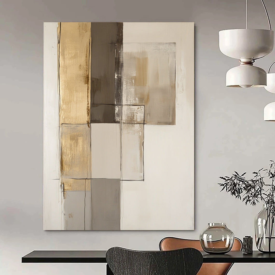 Contemporary hand-painted abstract art featuring textured brown and gold accents with smooth shades of gray on an off-white background. DLZ1070