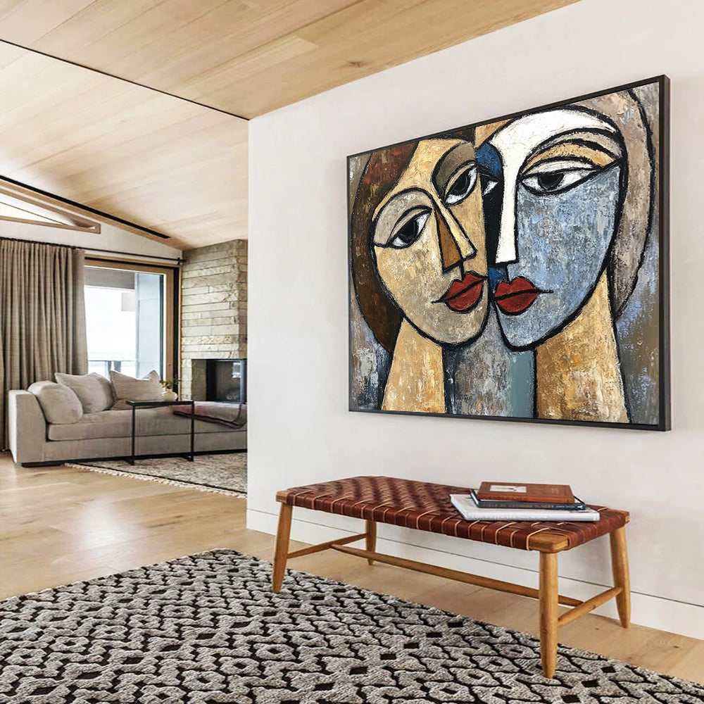 “Two Faces In Cubism” - Beige, Blue, Brown, Cubist Figurative Painting On Canvas HB0681