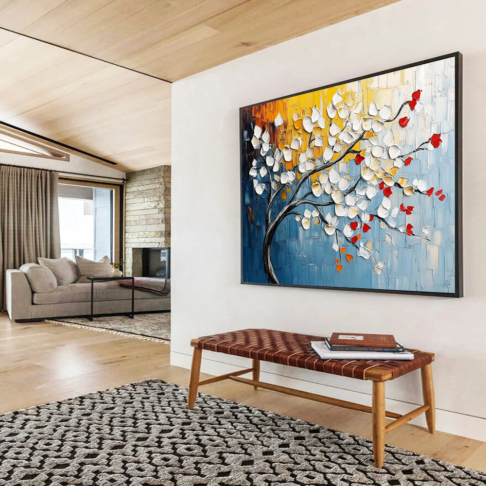 “Textured Blossom Branch” - White, Red, Yellow, Blue - Impasto Floral Branch - Acrylic Painting HB1330