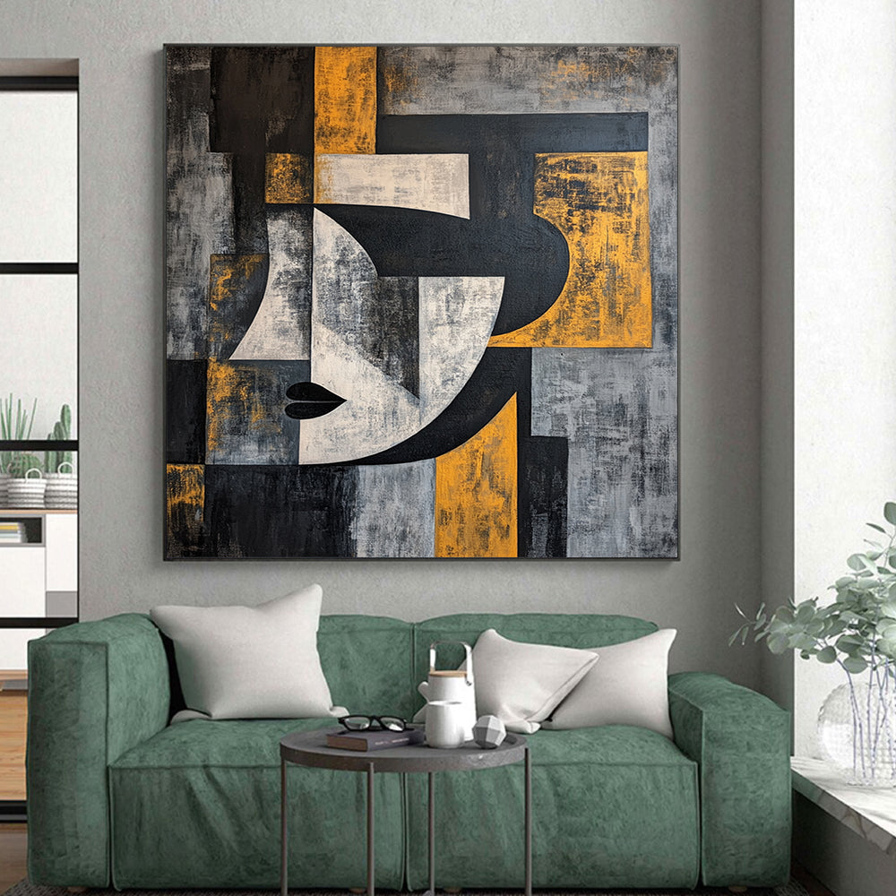 Gray, Black, White and Yellow Cubist Portrait "Abstract Identity" Painting On Canvas HB373