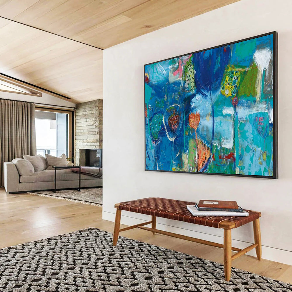 Blue Abstract Flower Field - Whimsical Living Room or Nursery Decor DLZ245