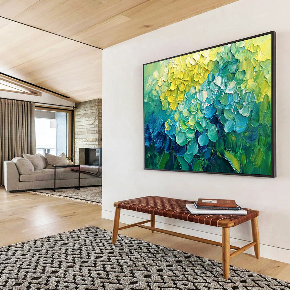 “Vibrant Hydrangeas Burst” - Yellow, Teal, Blue, Lush Flower Blooms Painting On Canvas HB1016