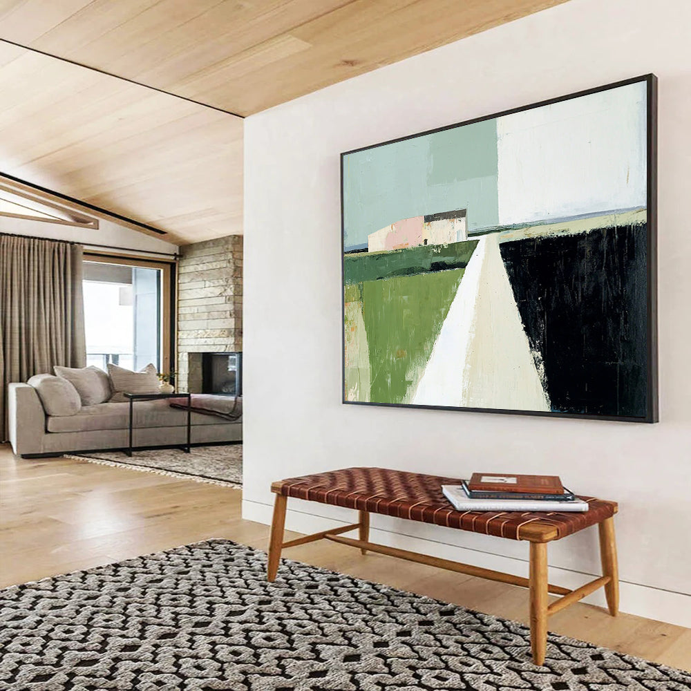 Green, Pink, Blue and Black Minimalist Landscape "Quiet Path" Painting On Canvas HB0658