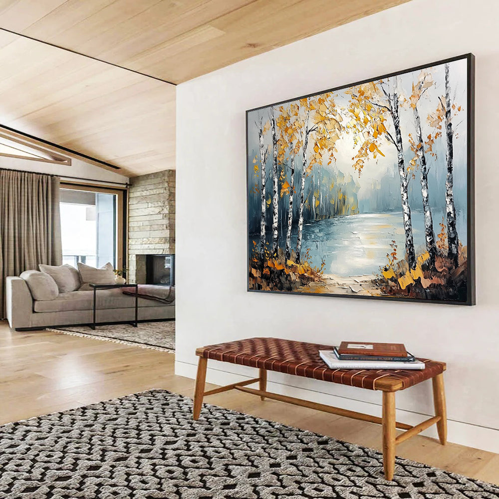 “Autumn Birch Lake” - Yellows, Blues, Whites, Birch Trees by a Lake in Autumn - Textured Oil Painting HB1707