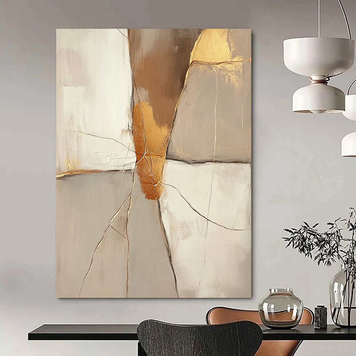 Contemporary hand-painted abstract artwork featuring a beige background with golden cracks and neutral tones in brown and gold. DLZ0290