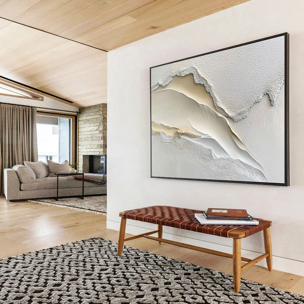 “3D White - Beige Textured Landscape” - Abstract Sculptural Painting HB0528