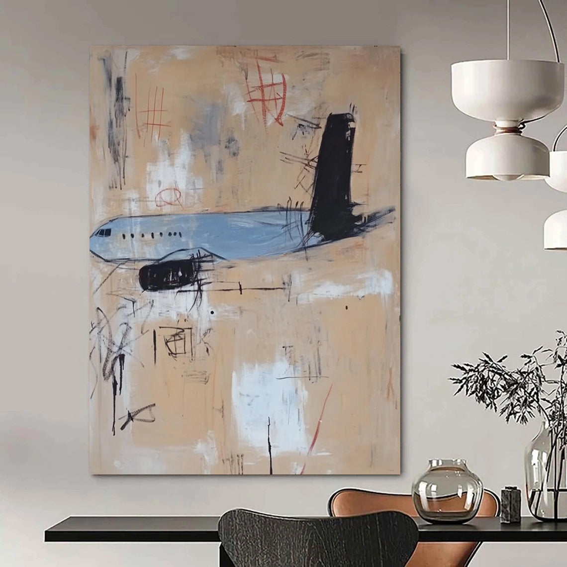 Contemporary hand-painted abstract artwork featuring an airplane with light blue beige and tan tones accented by black lines and minimalistic details. DLZ0571