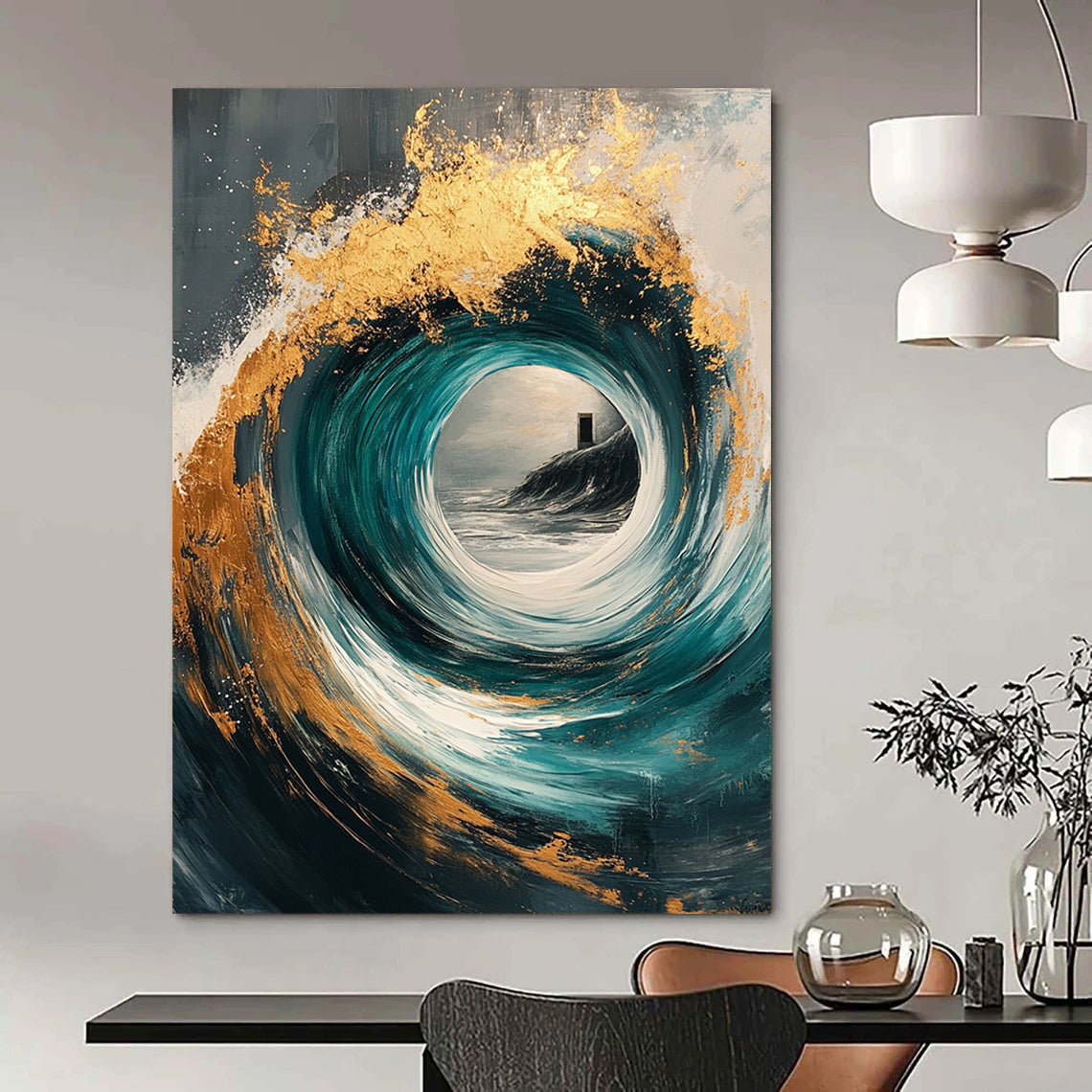Contemporary abstract painting with gold and teal swirls, magical windows, on a textured gray canvas, perfect for modern decor. DLZ0370