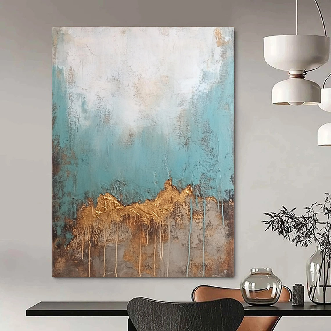 Contemporary hand-painted abstract art featuring an old textured wall with peeling teal and brown paint contrasted by a clean white top with golden drips. DLZ0905