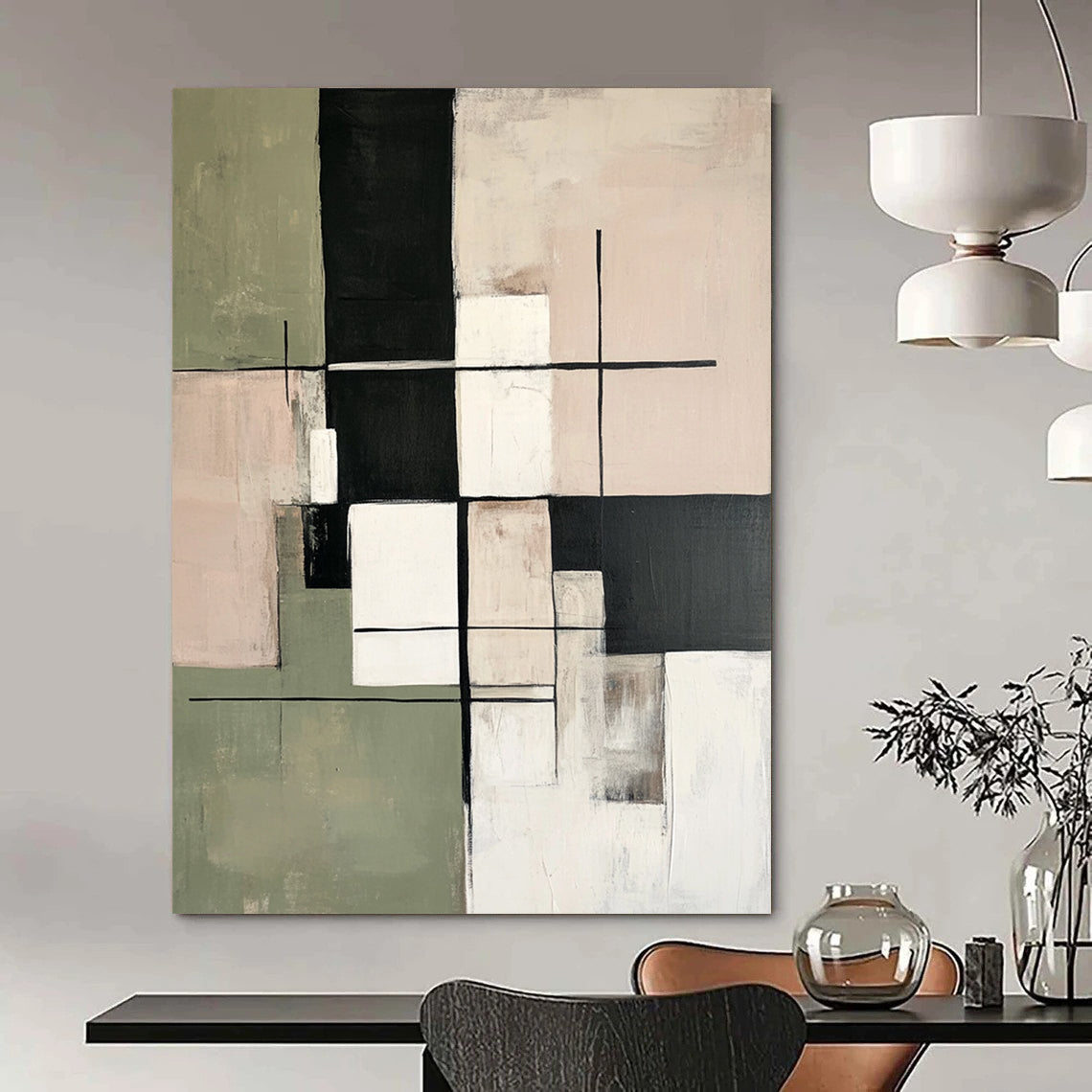 Large contemporary hand-painted abstract artwork featuring soft sage green beige and white tones with geometric shapes and a minimalist black grid pattern. DLZ1060