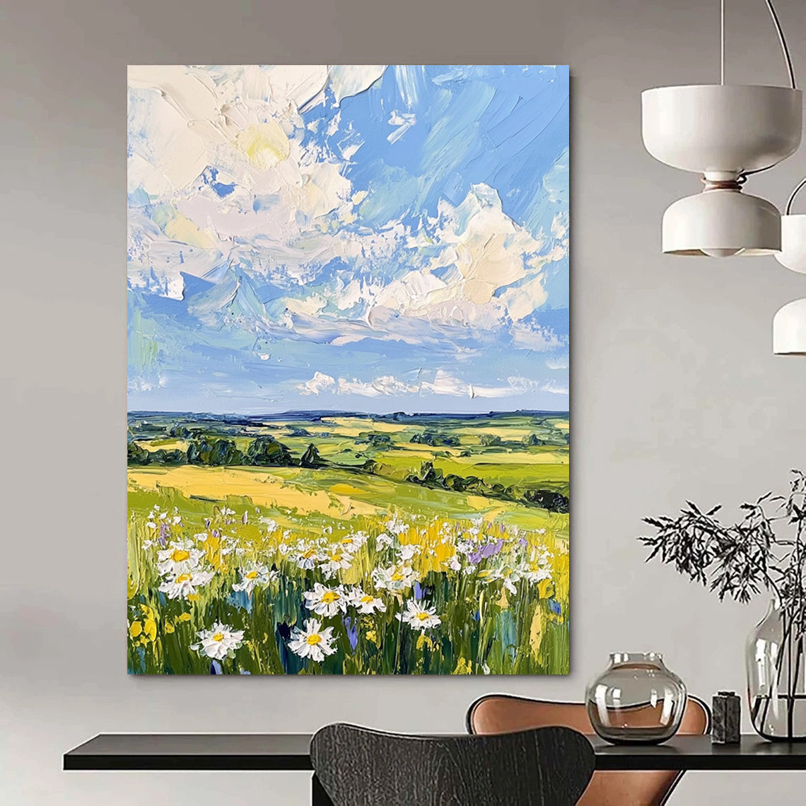 Contemporary large hand-painted abstract artwork showcasing serene English countryside with gentle hills soft blue sky and calming daisies. DLZ1421