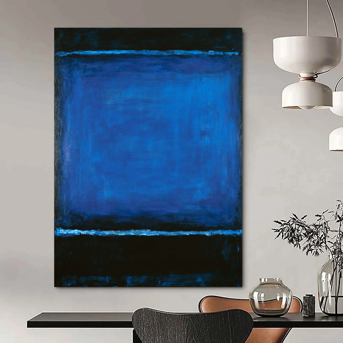 Contemporary hand-painted abstract artwork featuring deep blue and black hues inviting emotional reflection and creating an atmospheric meditative experience. DLZ1593