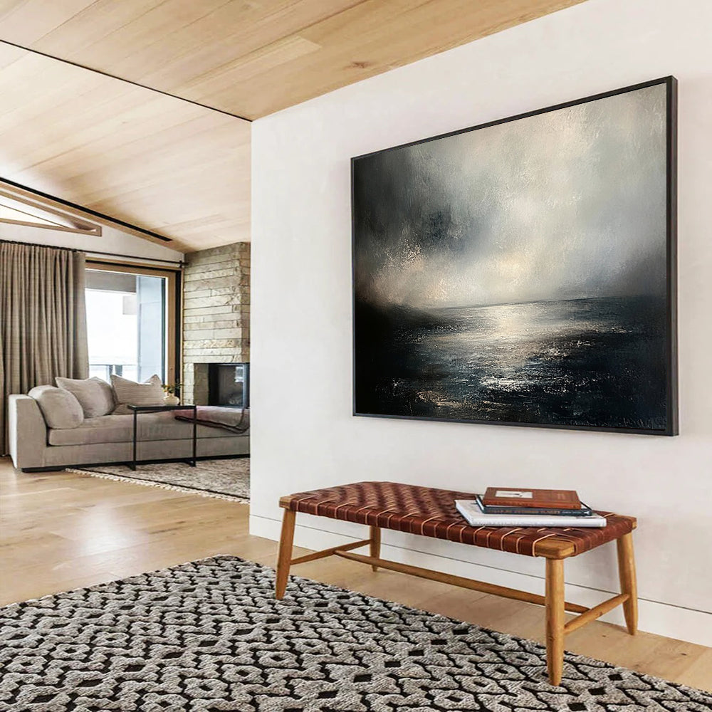 “Moody Sea Landscape” - Gray, Black, White, Atmospheric Seascape Painting On Canvas HB1001