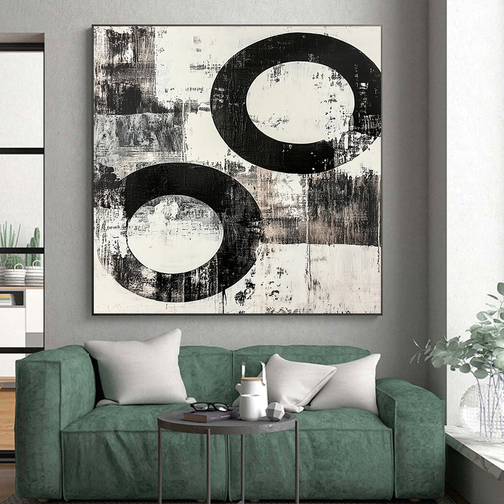 Black and White Textured Circles "Rough Harmony" Painting On Canvas HB258