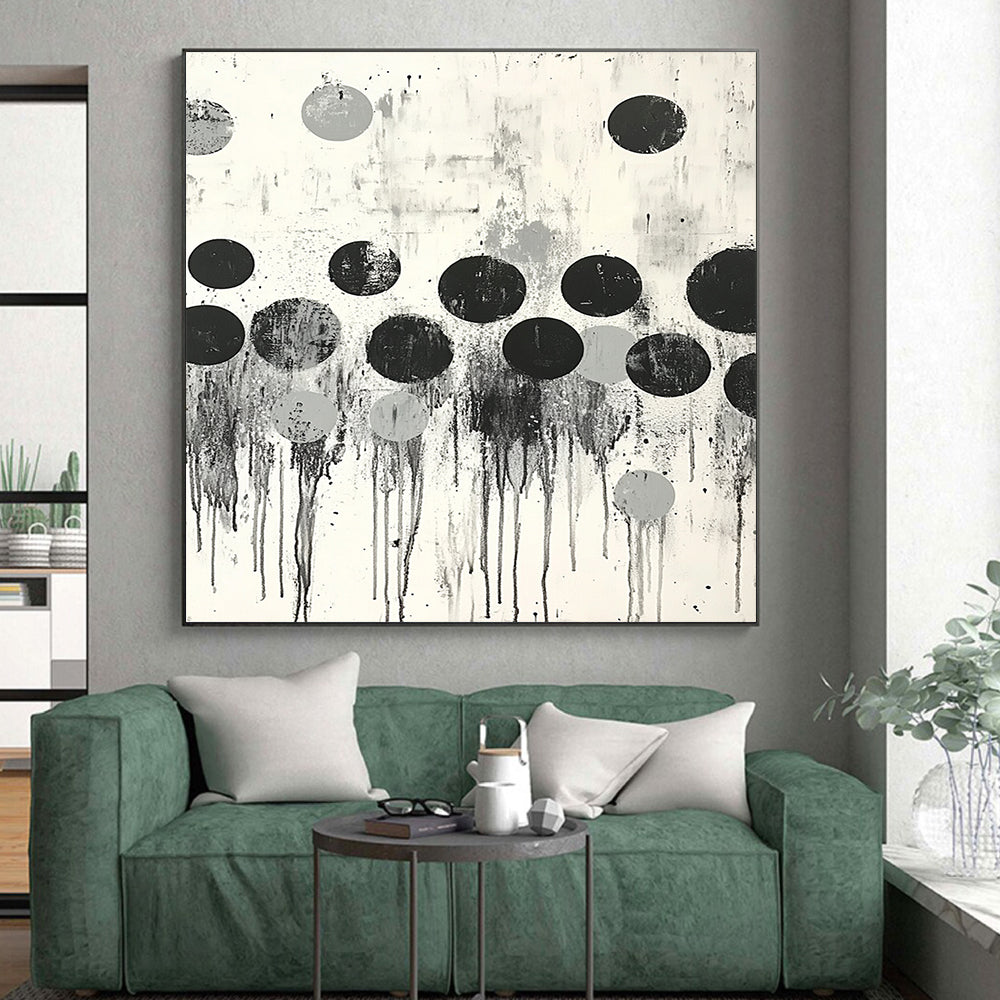 Black, Gray & White Dripping Dots - “Urban Raindrop Rhythm” Painting On Canvas HB191